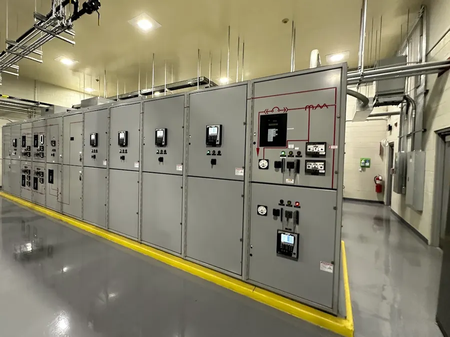 Row of metal-clad switchgear sections in the main electrical room